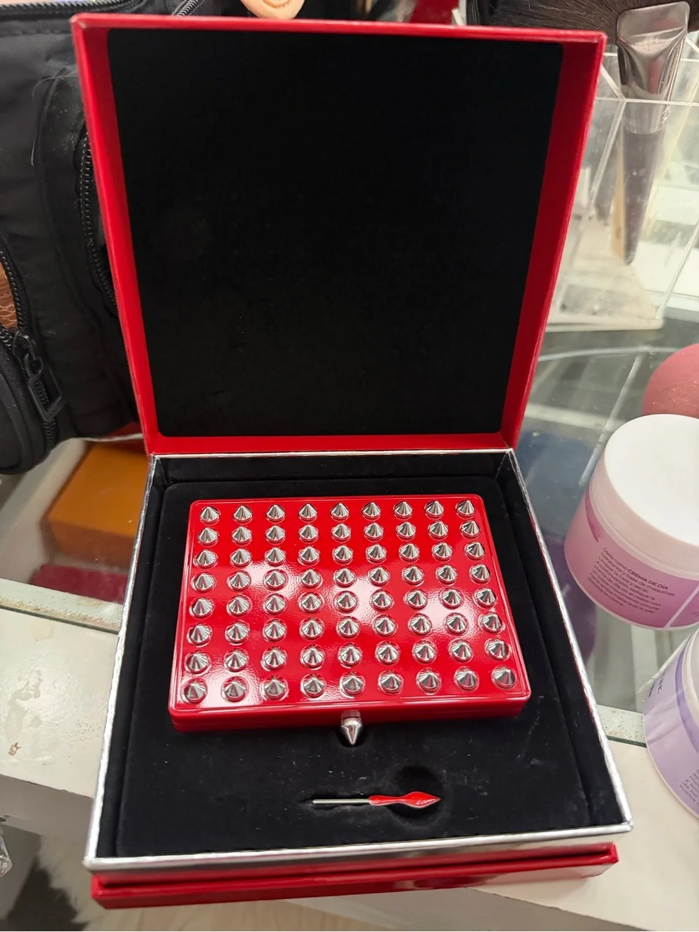 Christian Louboutin Red Studded Refillable Palette Case with Silver Accents